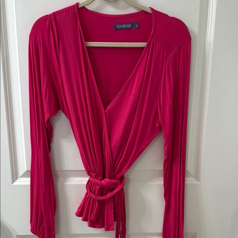 Adore Me Pink Wrap Tie Front Blouse